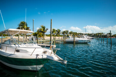 Yatchs and boats moored along a marina.